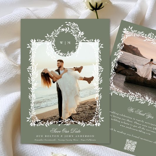 Wreath Monogram Sage Green Elegantes Gerahmtes Fot Save The Date