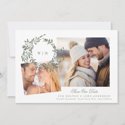 Wreath Monogram Sage Green Two Foto Wedding Save The Date (Vorderseite)