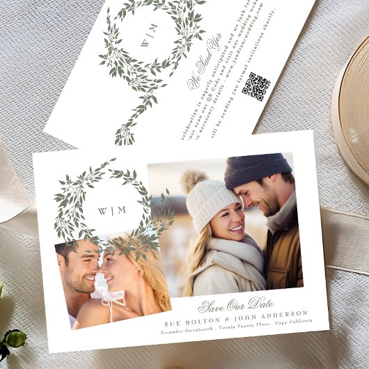 Wreath Monogram Sage Green Two Foto Wedding Save The Date