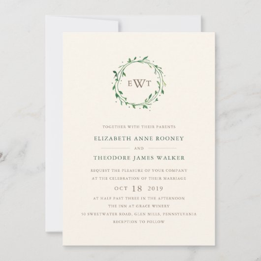 Wreath Monogram Wedding Einladung | Tarnfarben (Vorderseite)