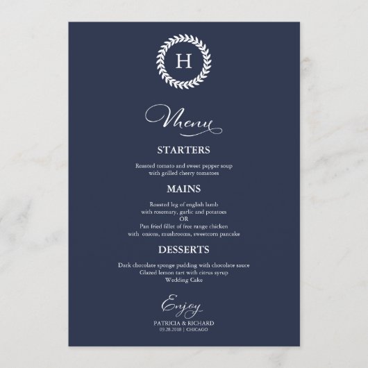 Wreath Monogram Wedding Menu Cards Navy Blue Menükarte (Vorderseite)