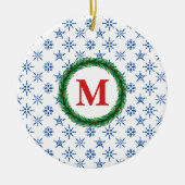 Wreath Monogram Your Name Blue Snowflakes White Keramik Ornament (Vorne)