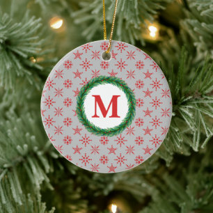 Wreath Monogram Your Name Red Snowflakes Silver Keramik Ornament