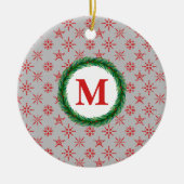 Wreath Monogram Your Name Red Snowflakes Silver Keramik Ornament (Vorne)