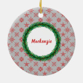 Wreath Monogram Your Name Red Snowflakes Silver Keramik Ornament (Hinten)