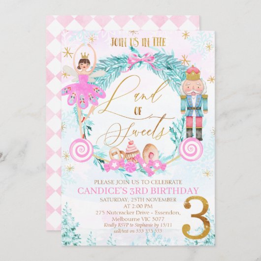 Wreath Nutcracker Land der Süßigkeiten 3. Geburtst Einladung (Vorne/Hinten)