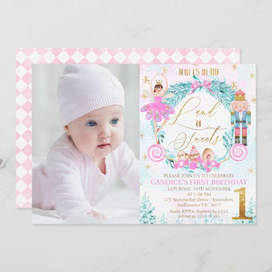 Wreath Nutcracker Land der Süßigkeiten Foto Geburt Einladung (Vorne/Hinten)