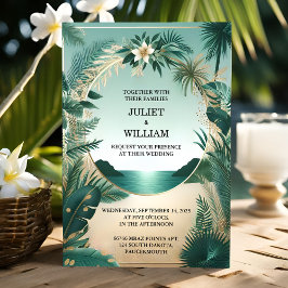Wreath Palm Tree Beach Green und Gold Wedding Einladung
