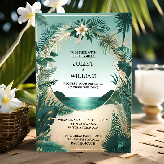 Wreath Palm Tree Beach Green und Gold Wedding Einladung