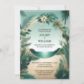 Wreath Palm Tree Beach Green und Gold Wedding Einladung (Vorderseite)