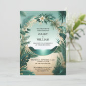 Wreath Palm Tree Beach Green und Gold Wedding Einladung (Stehend Vorderseite)