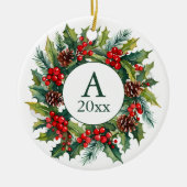 Wreath Pinecones Berries Foto Monogram Year Keramik Ornament (Vorne)