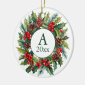 Wreath Pinecones Berries Foto Monogram Year Keramik Ornament (Links)
