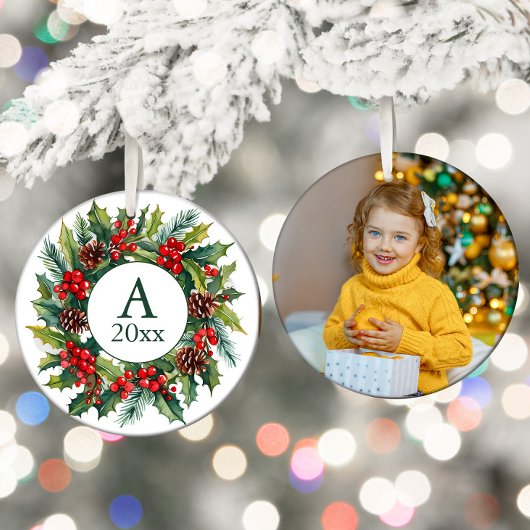 Wreath Pinecones Berries Foto Monogram Year Keramik Ornament
