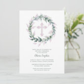 Wreath Pink Cross Erste Kommune Einladung (Stehend Vorderseite)