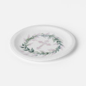 Wreath & Pink Cross Kommunion Taufe Christening Pappteller (Schrägansicht)