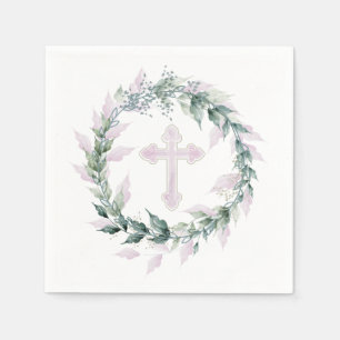 Wreath & Pink Cross Kommunion Taufe Christening Serviette