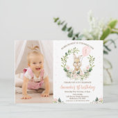Wreath Pink Floral Foto etwas sonniger 1. Geburtst Einladung (Stehend Vorderseite)