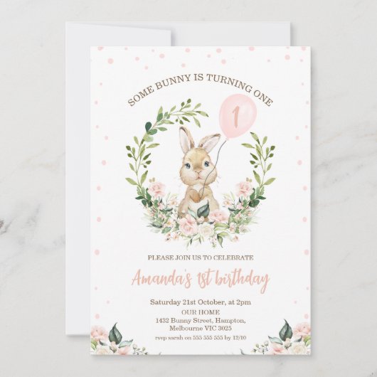 Wreath Pink Floral Irgendein sonniger 1. Geburtsta Einladung (Vorderseite)