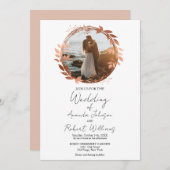Wreath Rose Gold Foil Calligraphy Foto Wedding Einladung (Vorne/Hinten)