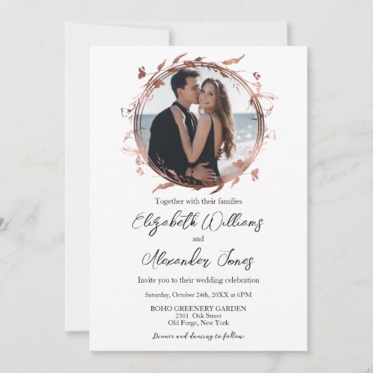 Wreath Rose Gold Foil Foto Calligrafy Wedding Einladung (Vorderseite)