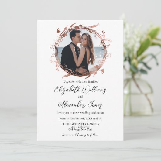 Wreath Rose Gold Foil Foto Calligrafy Wedding Einladung (Stehend Vorderseite)