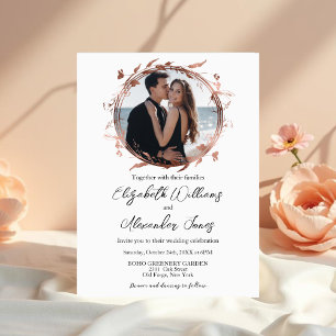 Wreath Rose Gold Foil Foto Calligrafy Wedding Einladung