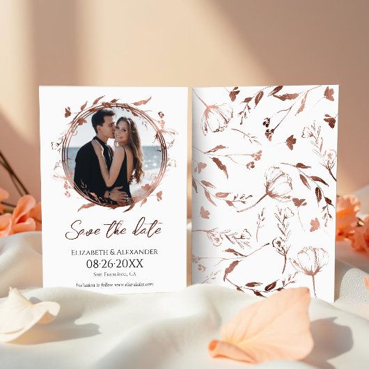 Wreath Rose Gold Foil Foto Save the Date Einladung