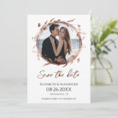 Wreath Rose Gold Foil Foto Save the Date Einladung (Stehend Vorderseite)