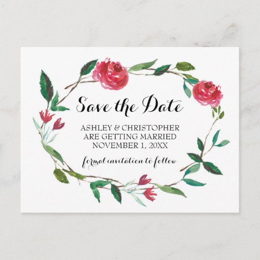 Wreath Wedding Save the Date - boho burgundy Rose Ankündigungspostkarte (Vorderseite)