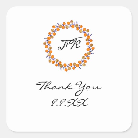 Wreath White Vielen Dank Monogram Gold Blue Orange Quadratischer Aufkleber (Vorderseite)