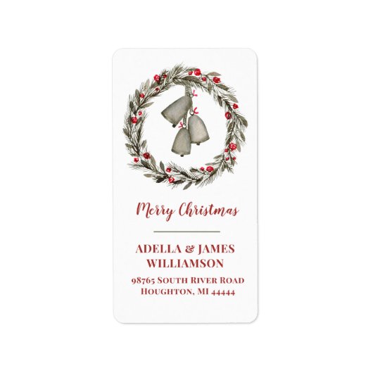 Wreath with Red Berries and Bells Adressaufkleber (Vorne)