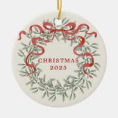 Wreath with Red Ribbon Family Photo Holiday Keramik Ornament (Vorne)