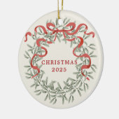 Wreath with Red Ribbon Family Photo Holiday Keramik Ornament (Links)