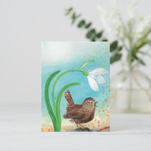 Wren Bird singt in der Morgendämmerung im Frühling Postkarte (Stehend Vorderseite)