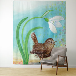 Wren Bird singt in der Morgendämmerung im Frühling Wandteppich