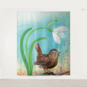 Wren Bird singt in der Morgendämmerung im Frühling Wandteppich (Vorderseite)