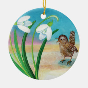 Wren Bird und Snowdrops Keramik Ornament