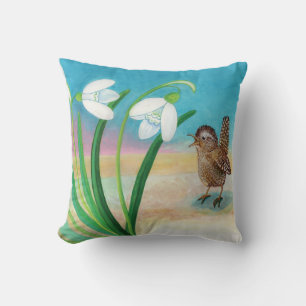 Wren Bird und Snowdrops Kissen