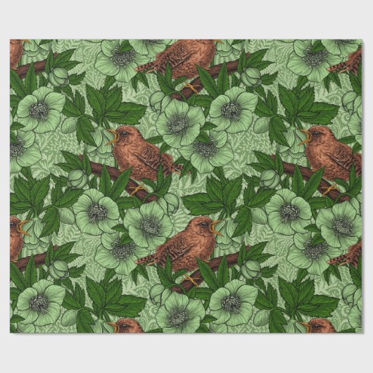 Wren und Hellebore, hellgrün Geschenkpapier (Flach)