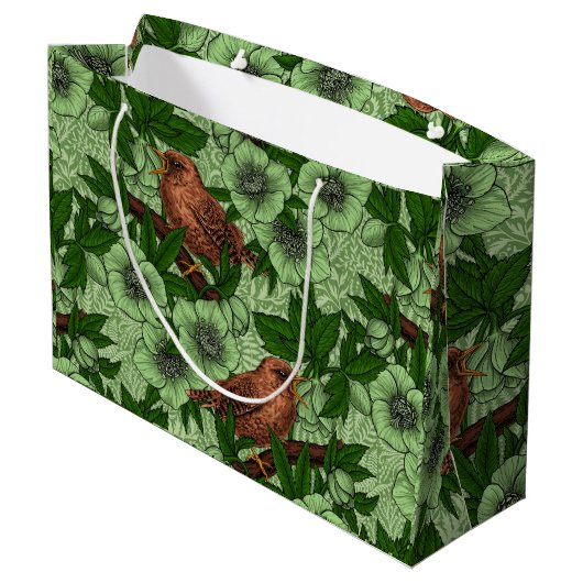 Wren und Hellebore, hellgrün Große Geschenktüte (Rückseite Schrägansicht)