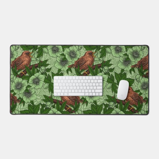 Wren und Hellebore, hellgrün Schreibtischunterlage (Tastatur & Maus)