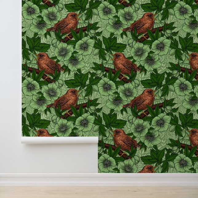 Wren und Hellebore, hellgrün Tapete (Anwendung)