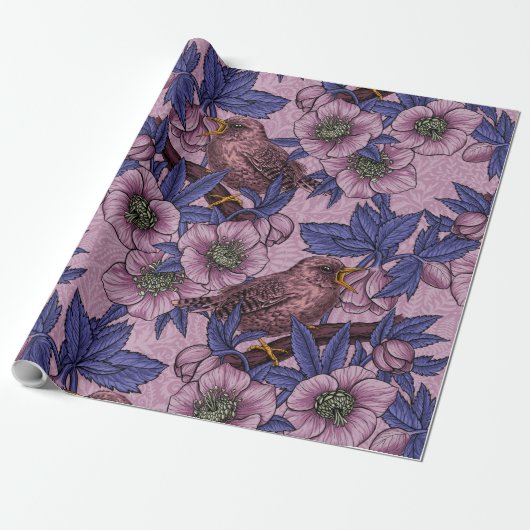 Wren und Hellebore, rosa und violett Geschenkpapier (Ungerollt)