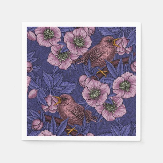 Wren und Hellebore, violett und rosa Serviette (Vorderseite)