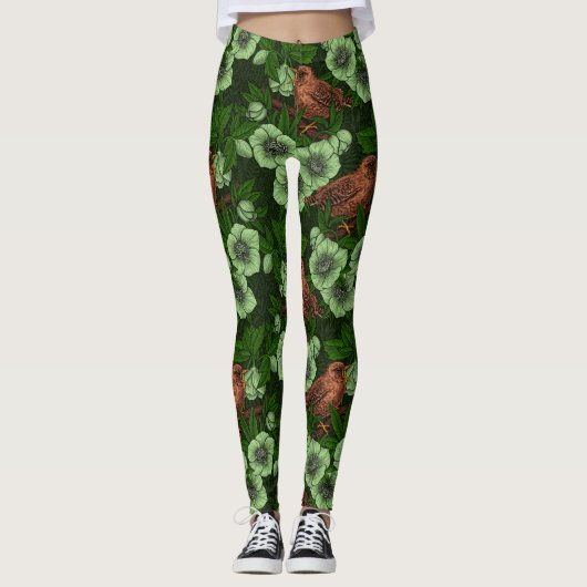 Wren und Hellebos auf dunkelgrün Leggings (Vorderseite)