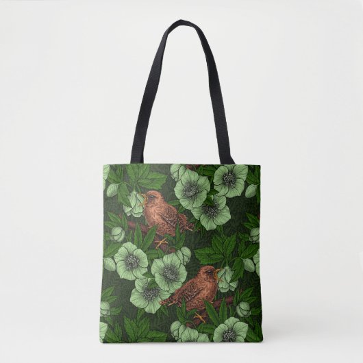 Wren und Hellebos auf dunkelgrün Tasche (Vorderseite)