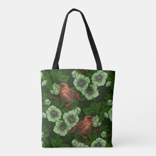 Wren und Hellebos auf dunkelgrün Tasche (Rückseite)
