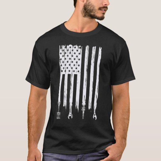 Wrench Piston American Flag Fathers Day Auto Mecha T-Shirt (Vorderseite)