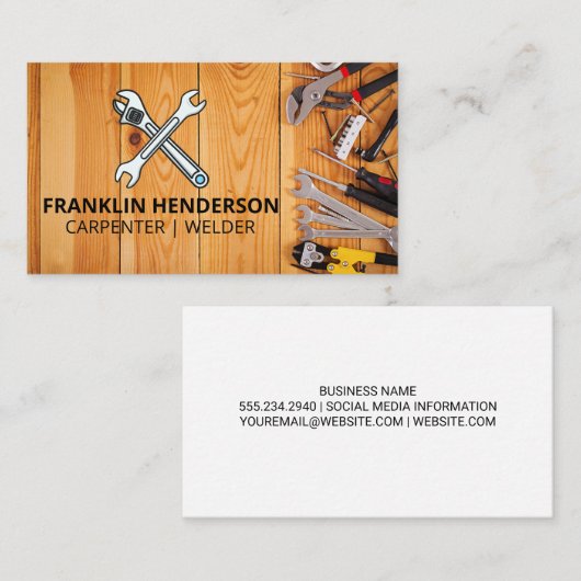 Wrenches | Tools auf Holztisch Visitenkarte (Vorne/Hinten)
